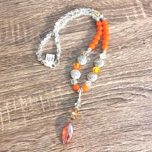 Aurora borealis glass w Lotus & orange Artisan beaded necklace - Picture 2 of 8